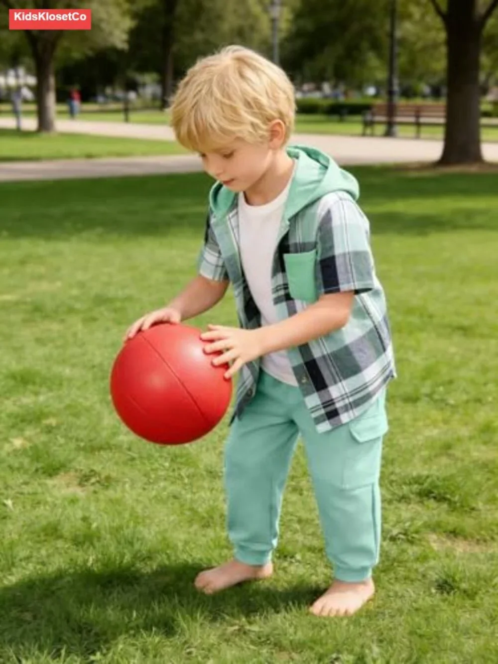 Boys Plaid Short Sleeve Hooded Button Shirt and Jogger Pants Set